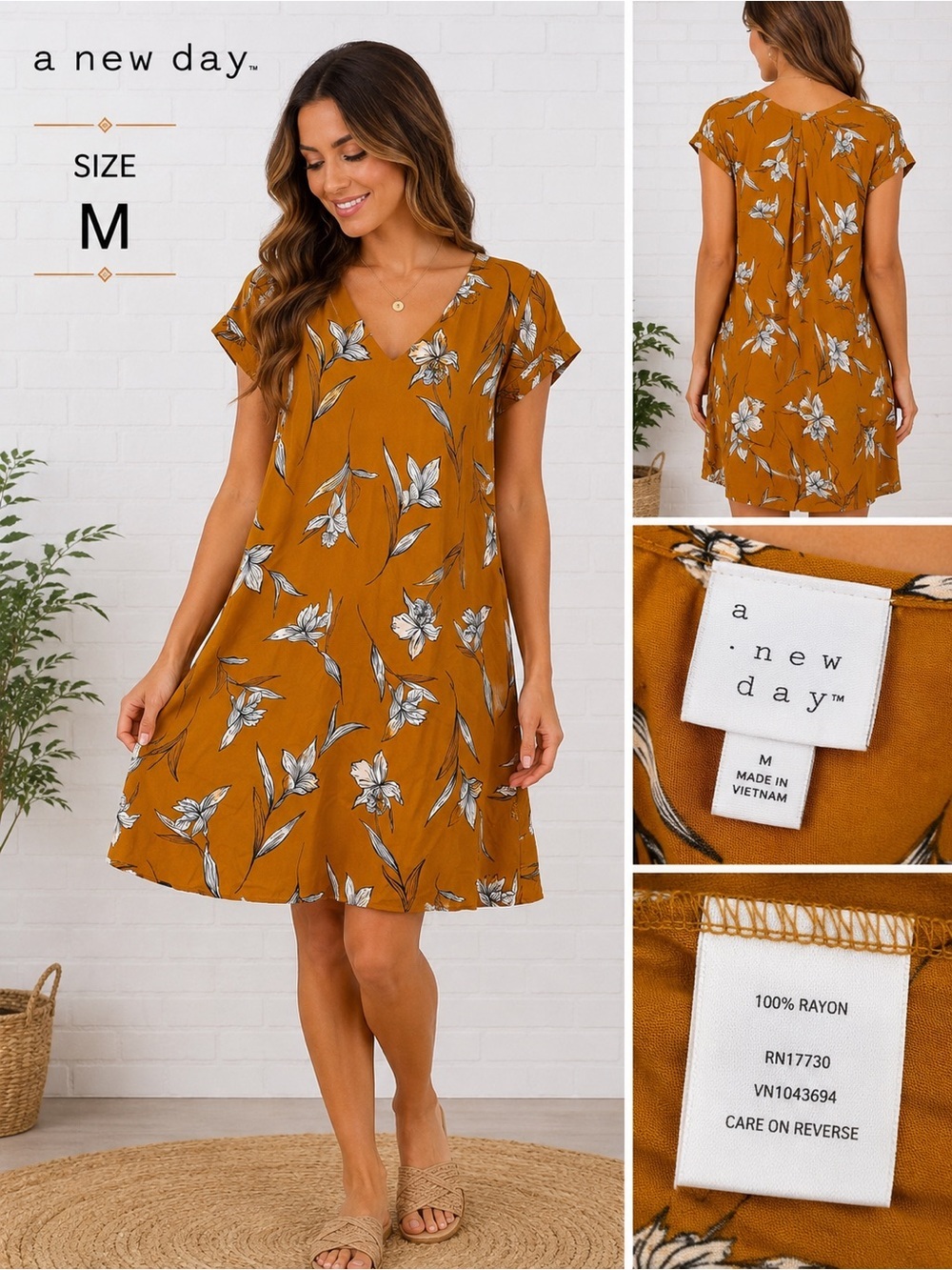 a new day Mustard Floral V-Neck Short Sleeve Swing boho minimalist  Dress - M